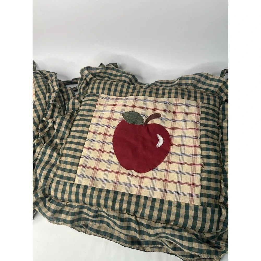 Vintage Primitive Apple Chair Cushions Set of 7 Green Gingham Plaid Tie-On READ
